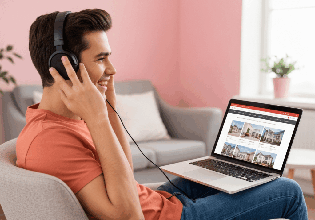 Smiling user listening to audio on a website