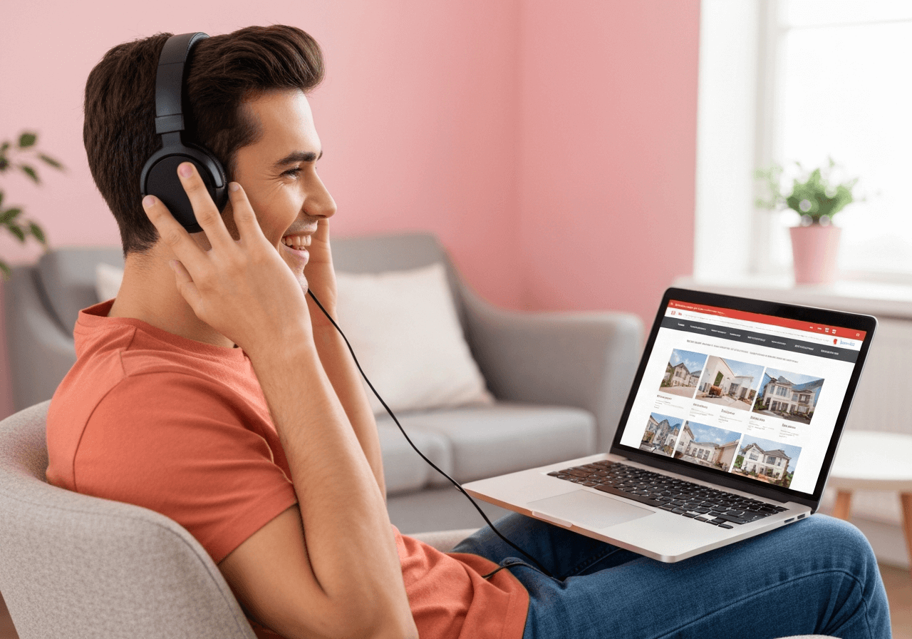 Smiling user listening to audio on a website