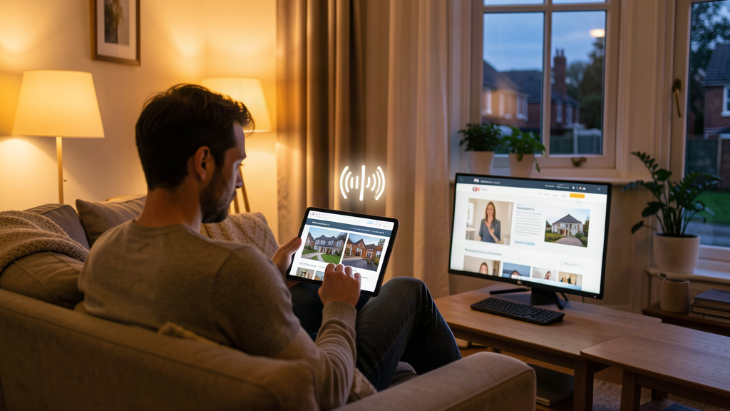 Cozy rental flat living room, tenant browsing listings on tablet in the evening